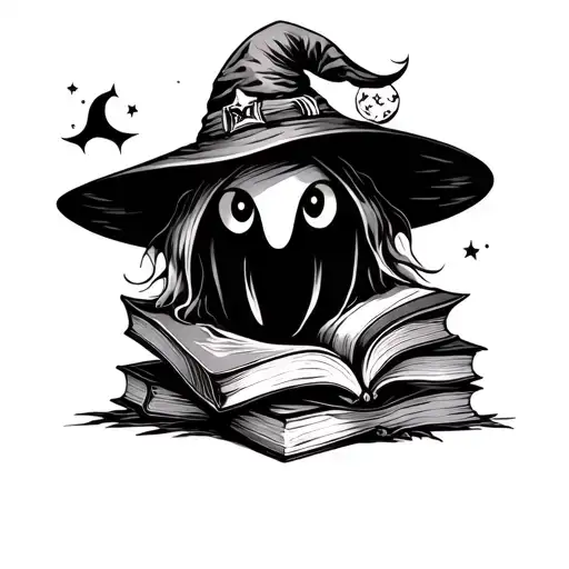 cute ghost outline with a witch hat, moon, books  tattoo design idea