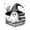 cute ghost outline with a witch hat, moon, books  tattoo design idea