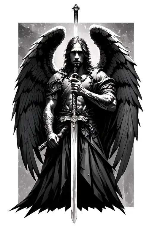 arc angel michael 3/4 view camera in neo-sigilism style with sword 2d tattoo design idea