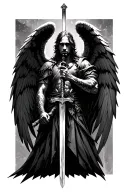 arc angel michael 3/4 view camera in neo-sigilism style with sword 2d tattoo design idea