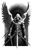 arc angel michael 3/4 view camera in neo-sigilism style with sword 2d tattoo design idea