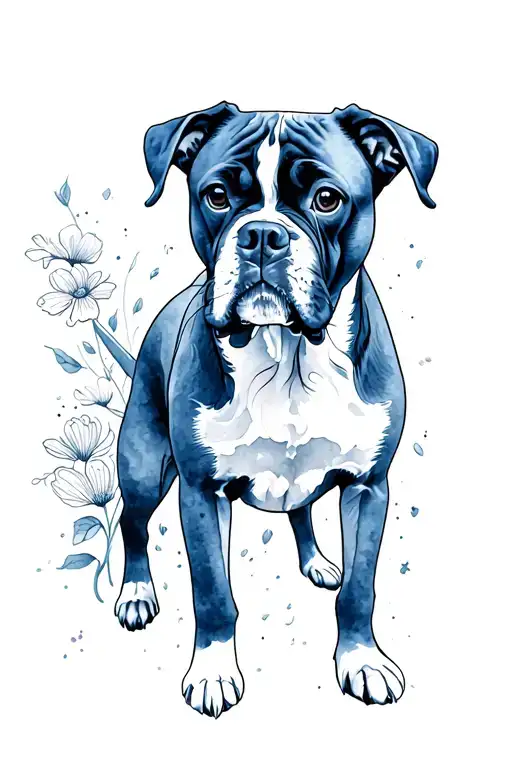 boxer dog, music, flowers, fine line tattoo design idea