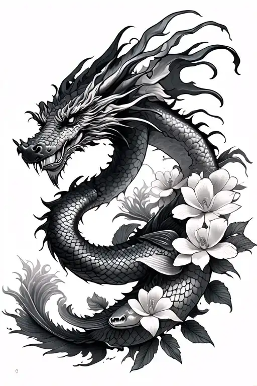 Fierce dragon Dragon and Oni in greater prominence Magnolia flowers and koi carp as supporting elements, ocean waves tattoo design idea