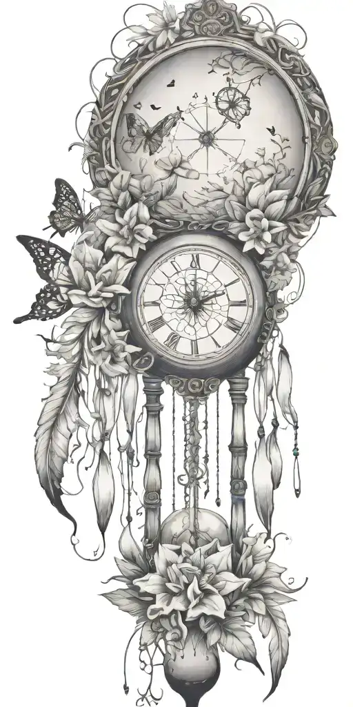 An hourglass moon dream catcher filled with lilies and butterflies Queen Anne's lace  nature tears broken depressed tattoo design idea