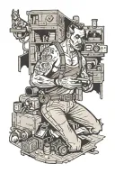 A warehouse package handler with a Great Dane and cellphone in hand, surrounded by gaming elements tattoo design idea