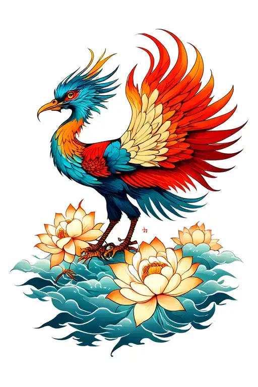 Japanese phoenix Hou - ou that could be accompanied with lotus flowers and clouds or with stylized Japanese fire tattoo design idea