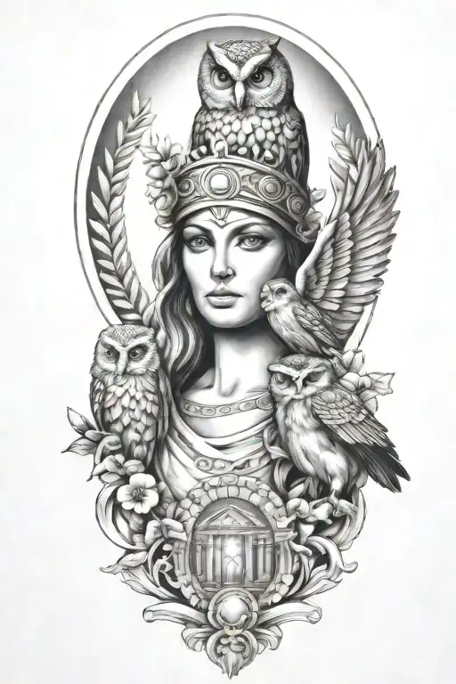 athena greek goddess with owl and parthenon tattoo design idea