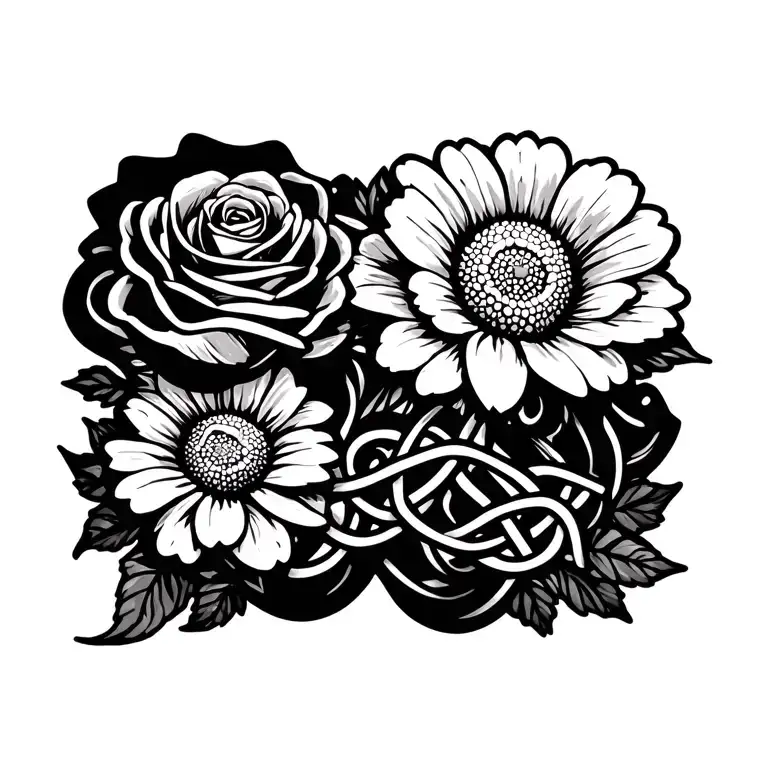 Daisy and Rose wrapped Celtic knot intertwined tattoo design idea