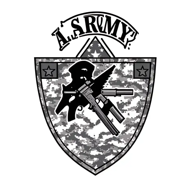 Combine elements of US Army Infantry insignia with traditional military camouflage patterns tattoo design idea