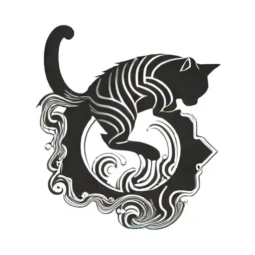 An elegant black and grey tattoo of a cat diving into a pool, with elegant waves and ripples surrounding it tattoo design idea