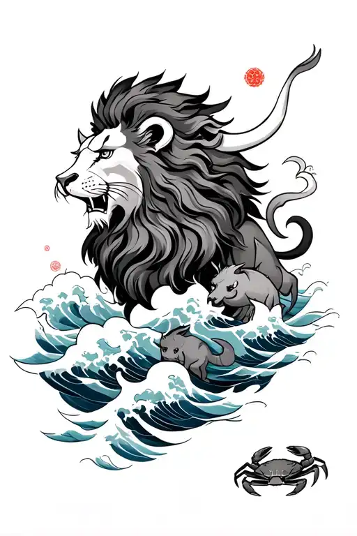lion with japanese waves clouds surrounding ox and crab tattoo design idea