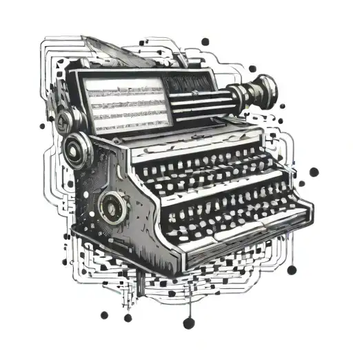 A typewriter with music notes coming out of it and a TV show scene playing on the screen tattoo design idea