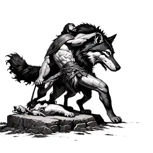 Cu Chulainn fighting a wolf dying tied to a stone tattoo design idea