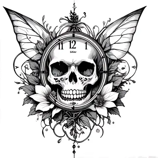 Skull, nature, clock, fairy account tattoo design idea
