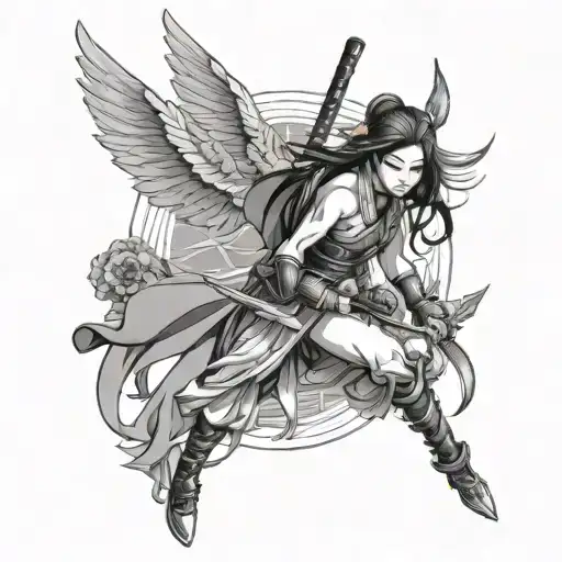 samurai girl with sword and wings in style tattoo design idea