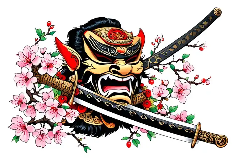 Japanese Oni Mask with a samurai sword and cherry blossoms  tattoo design idea