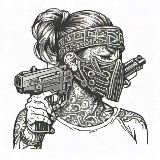 Ski mask woman sucking on pistol tattoo design idea