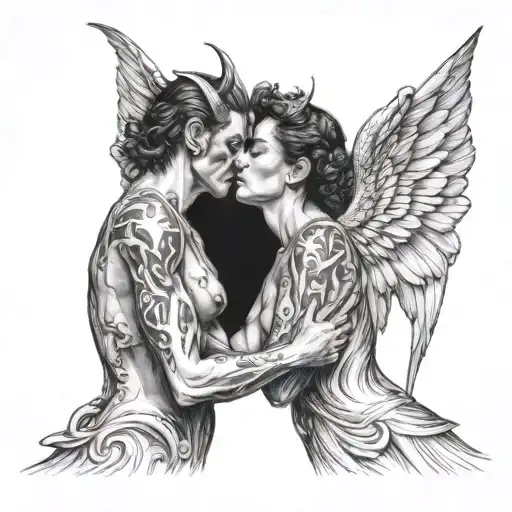 Demon kissing an angel woman tattoo design idea