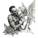 Demon kissing an angel woman tattoo design idea