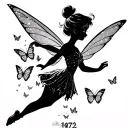 tinkerbell cartoon Peter Pan version with her fairy dust falling  in a shape of butterflies with the year 1972 tattoo design idea