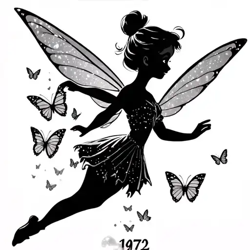 tinkerbell cartoon Peter Pan version with her fairy dust falling  in a shape of butterflies with the year 1972 tattoo design idea