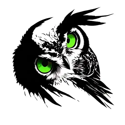 Owls head split into two sides with more details left side and right side more sketched and abstract green eyes? tattoo design idea