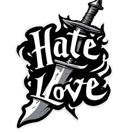 "Hate love" dagger and inscription Hate Love tattoo design idea