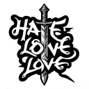 "Hate love" dagger and inscription Hate Love tattoo design idea