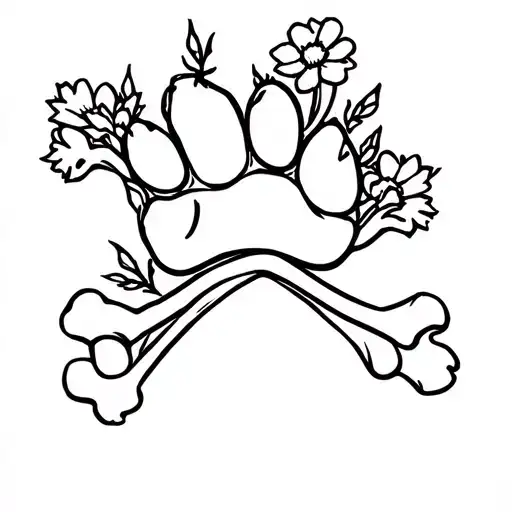 skull and crossbones & flowers growing dog paw tattoo design idea