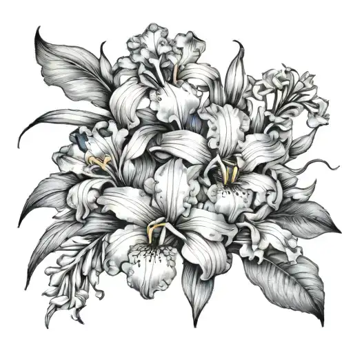 bouquet of iris flower, violet, honeysuckle, and chrysanthemum  tattoo design idea