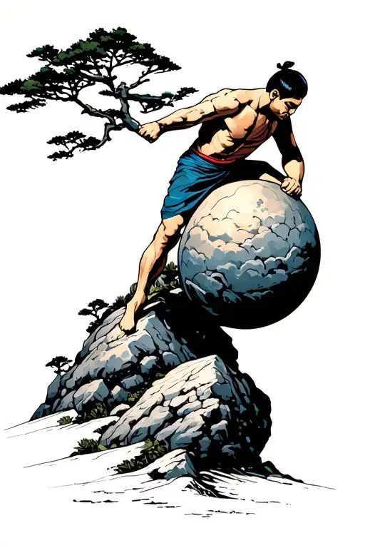 Sisyphus pushing the boulder uphill tattoo design idea