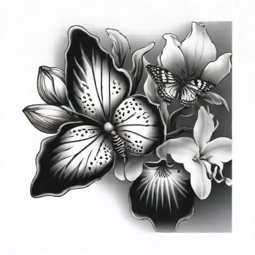 butterfly and orchid and cherry blossom  tattoo design idea