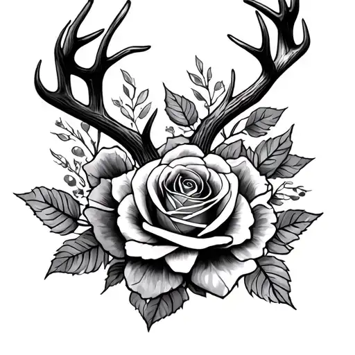 forearm sleeve with roses and deer antlers intertwined tattoo design idea