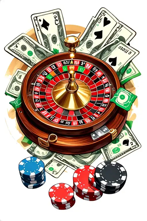 a tattoo sleve with a roulette wheel with poker chips and dice and money tattoo design idea