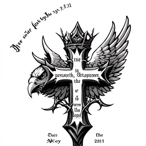 Cross with eagle wings and thorn crown with McCoy written and jerimiah 29:11 verse tattoo design idea