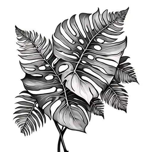 monstera leaves forearm sleeve with fern and pothos vines tattoo design idea