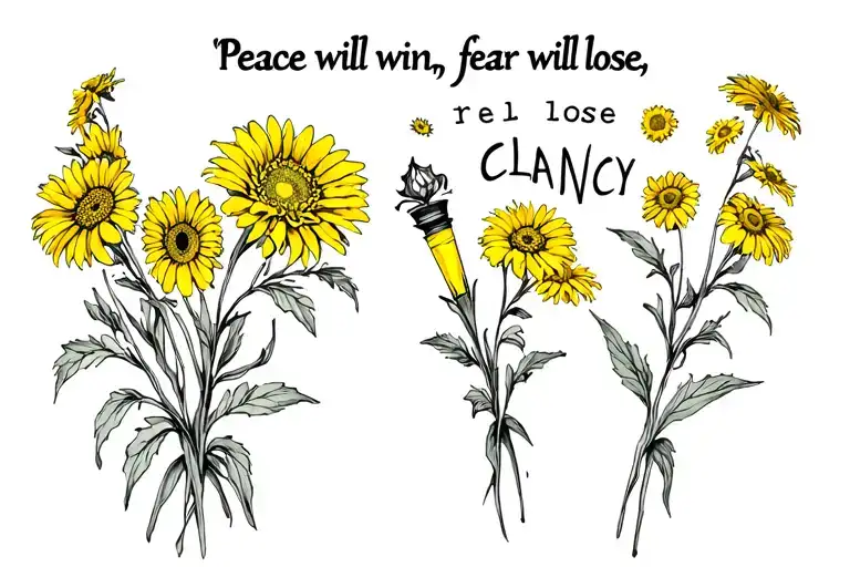 "Peace will win, fear will lose" Torch, yellow gerbera daisies, stole that says "CLANCY" tattoo design idea