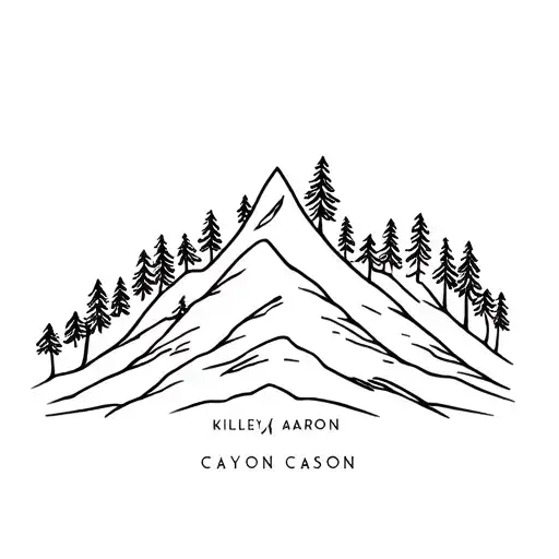 scenic mountain with trees and kids names of Kiley, Aaron, Cayson tattoo design idea
