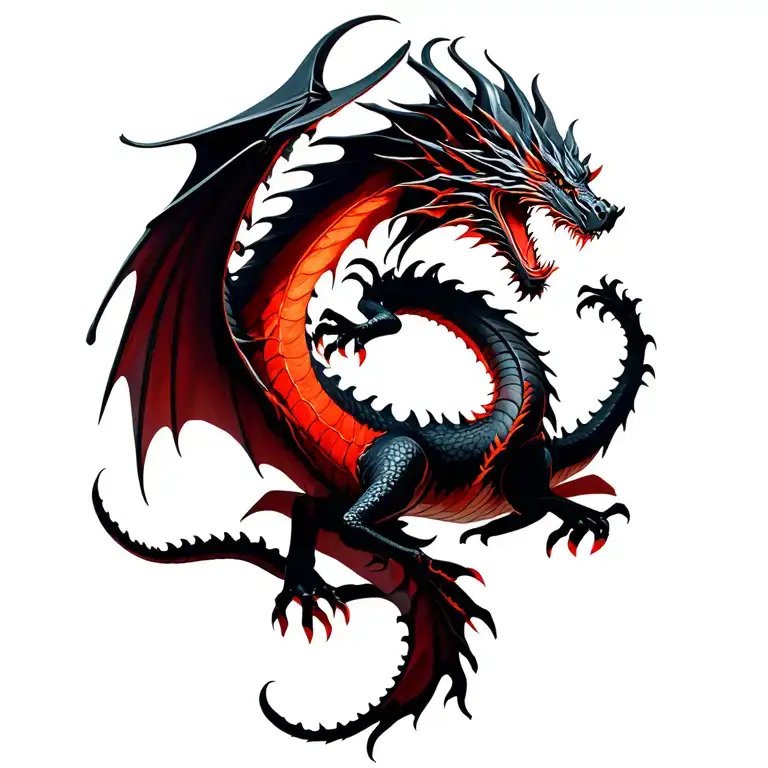 Dragon in flight, black and red color position. Coming from the House of the Dragon series tattoo design idea
