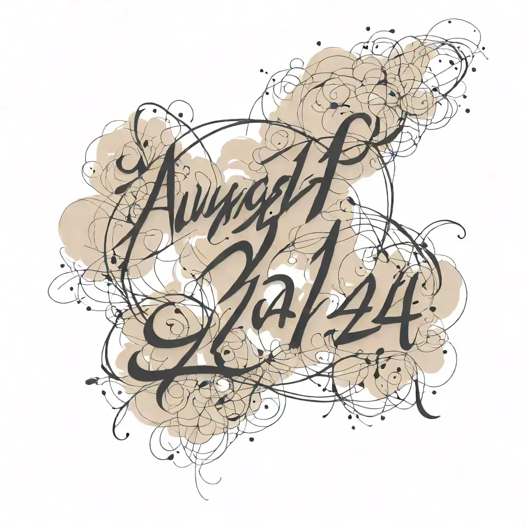 Design a minimalist tattoo featuring a combination of numbers and cursive text. The focal point is the number '24' in bold, modern black ink, with clean, geometric lines. Above the number, the word 'August' is written in delicate, cursive handwriting, overlapping the number slightly to create a layered effect. The tattoo is placed on the upper arm, near the bicep, and includes a small 'th' at the top right of the number to indicate '24th.' The overall design is simple yet elegant, with a balance between bold and delicate elements tattoo design idea