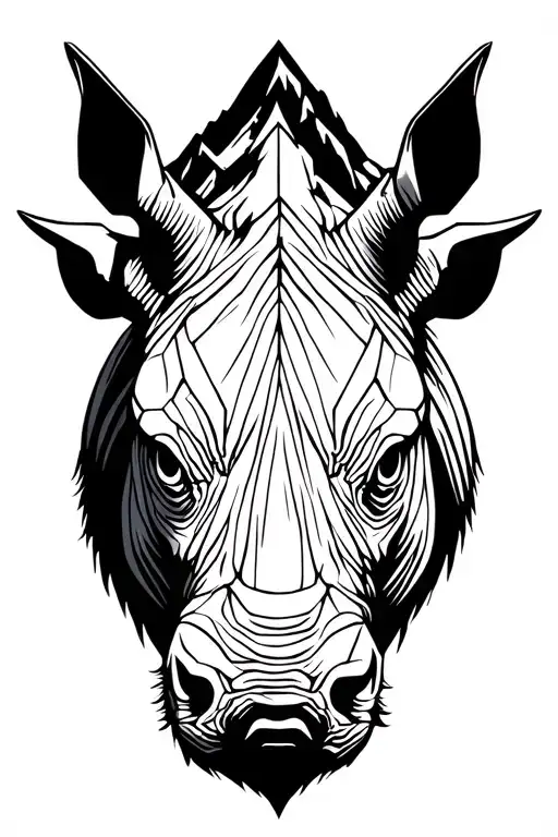 line rhino head with mount everest in background black tattoo design idea