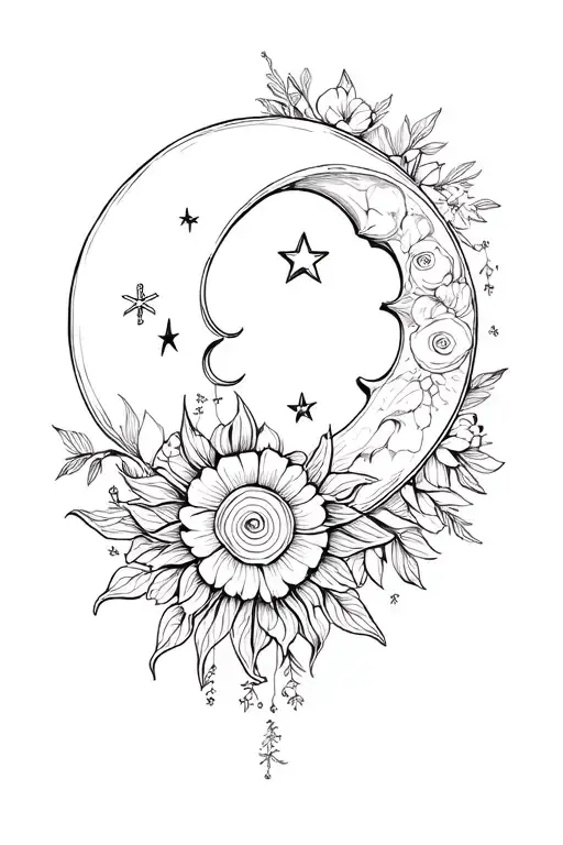 fine line tattoo sun, moon, star and floral  tattoo design idea