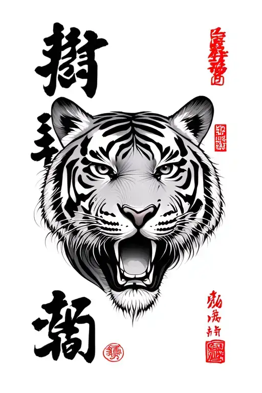 tiger and Chinese writing on forearm tattoo design idea