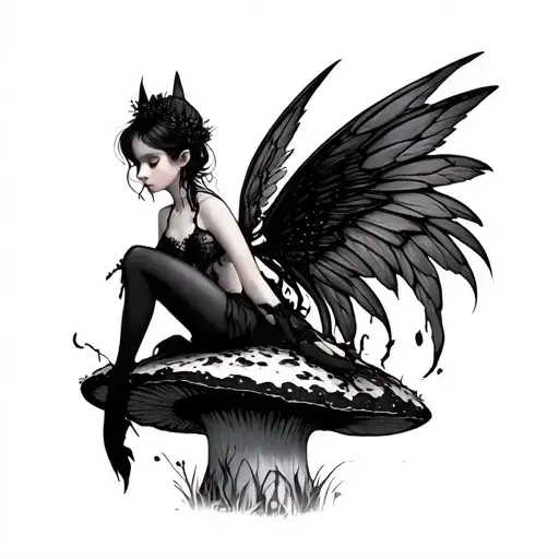 Sad pixie, sitting on mushroom, dark Gothic and sad, beautiful clothing wings of lace,she looks off into the distance  tattoo design idea