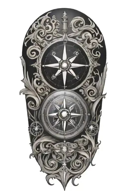 compass and scroll wrapped tattoo design idea