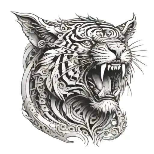 biomechanical Polynesian mythical tiger tattoo feral look tattoo design idea