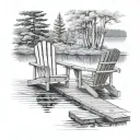 two Adirondack chairs on a dock overlooking river  tattoo design idea
