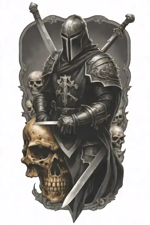 evil knight with sword, surrounded by skulls tattoo design idea