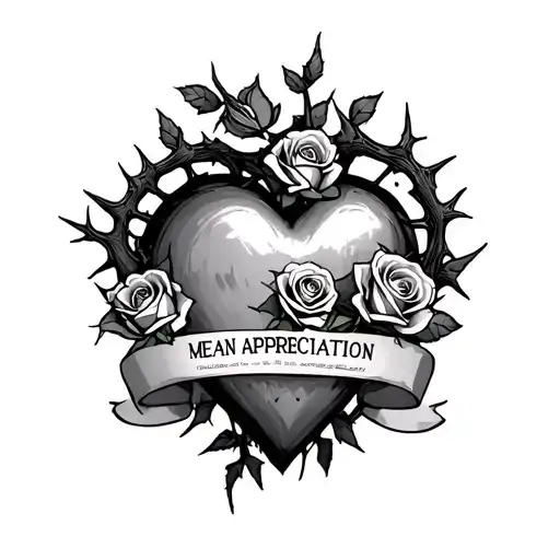 heart made of thorns with 3 roses and ribbon banner that reads MEAN APPRECIATION  tattoo design idea