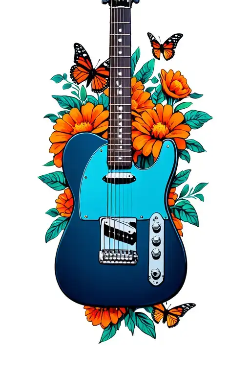 A dark blue Fender Telecaster guitar surrounded by monarch butterflies and orange flowers of the day of the dead tattoo design idea